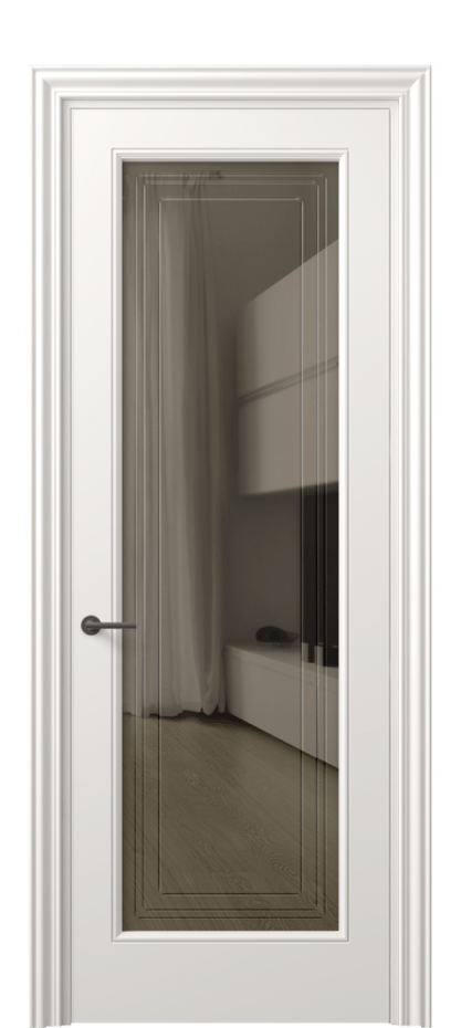 Межкомнатная дверь Маскот 8400 Матовый пудровый белый Прозрачное бронзовое стекло с гравировкой "Грани", триплекс Цена 99000 ₽ | Volhovec