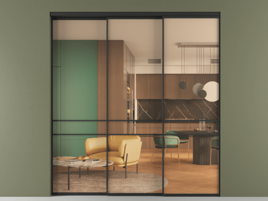 Перегородка Формато внутри проёма 3 створки с синхронным механизмом АЛПР 040.02 Алюминий Черный Прозрачное оранжевое стекло, триплекс Цена 361460 ₽  | Volhovec