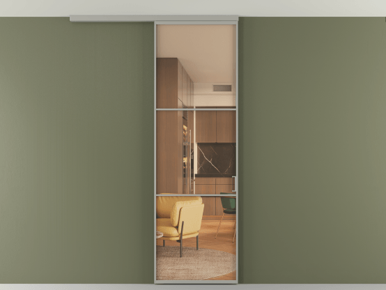 Алюминевая перегородка АЛПР 040.03_АНСР_ПРОЗ ОРАНЖ_new. Цвет Алюминий нейтральный серый. Материал Алюминий в эмали. Коллекция Перегородка Формато вдоль стены на потолок 1 створка. Картинка.