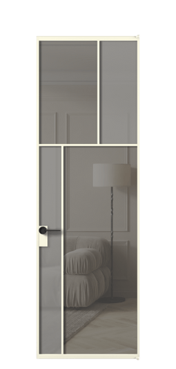 Дверь межкомнатная АЛПЛ041.22 АМБ Серый сатин матовое + Серый прозрачное. Цвет Алюминий молочно-белый. Материал Алюминий в эмали. Коллекция Мозаик. Картинка.