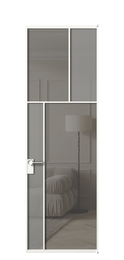 Дверь межкомнатная АЛПЛ041.22 БЕЛ Серый сатин матовое + Серый прозрачное. Цвет Алюминий Белый. Материал Алюминий. Коллекция Мозаик. Картинка.
