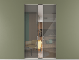 Алюминевая перегородка skr2_01_ Алюминий пудровый белый Stopsol Grey прозрачное. Цвет Алюминий пудровый белый. Материал Алюминий в эмали. Коллекция Перегородка Формато скрытый пенал 2 створки. Картинка.